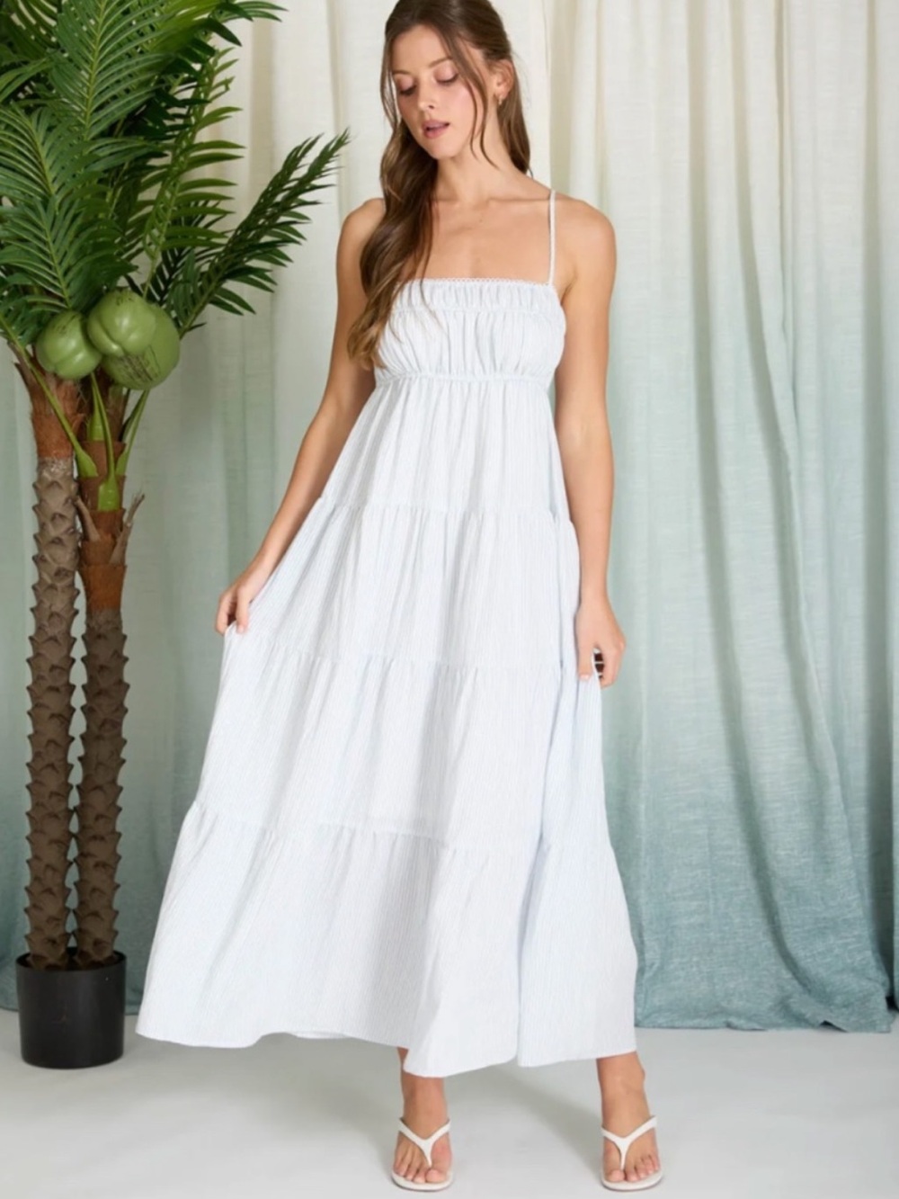 NEW Blu Pepper Denim Blue Stripe Shirred Empire Waist Tiered Midi Dress Large NW